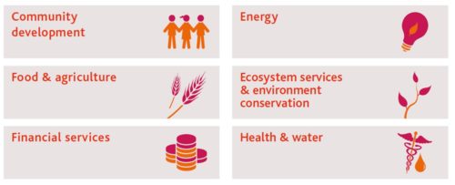 Impact investing: Community Development; energy; food and agriculture; ecosystem services and environment conservation; financial services; and health and water