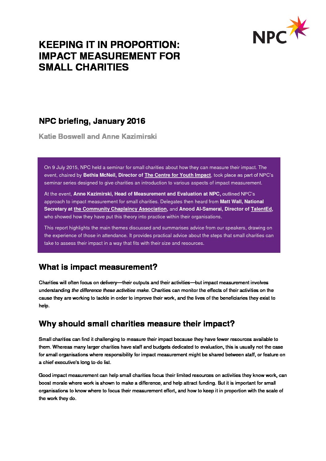Keeping it in proportion Impact measurement for small charities NPC