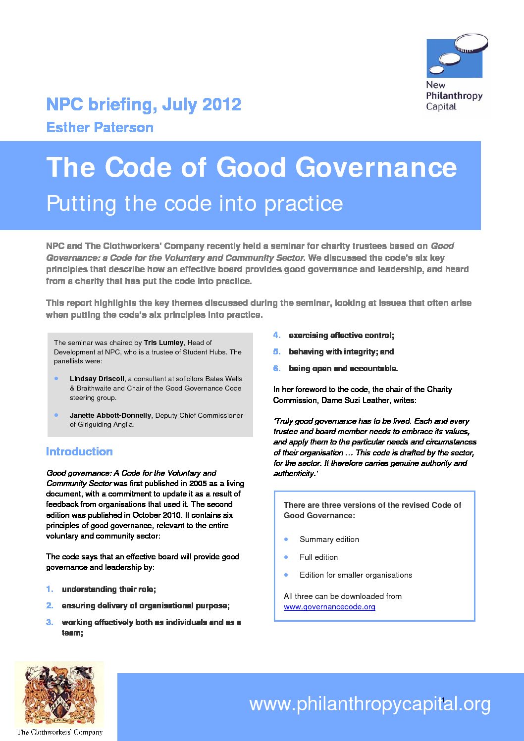 The code of good governance: Putting the code into practice - NPC