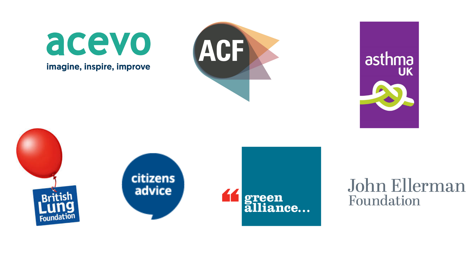 Image shows the logos of ACEVO, ACF, Asthma UK, British Lung Foundation, Citizens Advice, Green Alliance and the John Ellerman Foundation