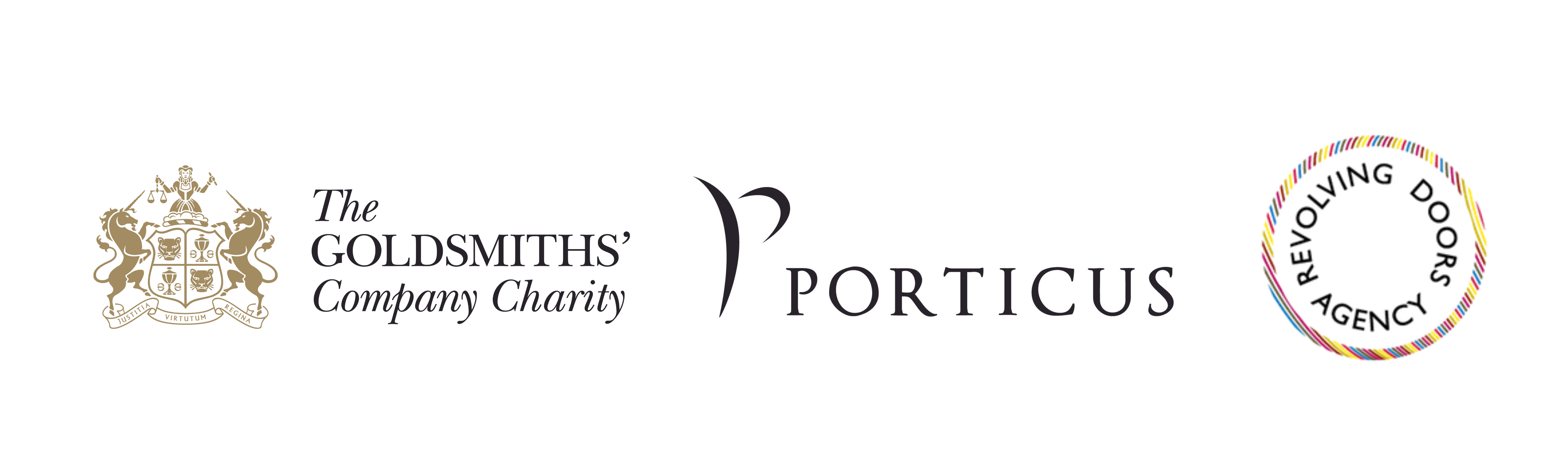 The logos of the Goldsmiths' Compaby, Porticus UK and Revolving Doors Agency.