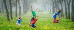 Children playing in a sun filled forest