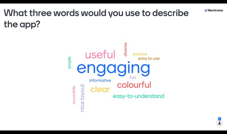 A wordcloud of the words young people would use to describe the app, including engaging, useful, colourful.